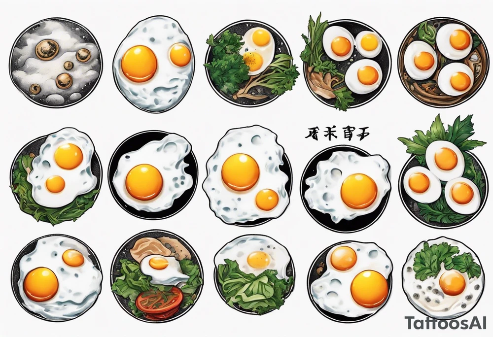 A round, thin 5 fried eggs with salt pepper and a bit greens tattoo idea