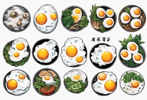 A round, thin 5 fried eggs with salt pepper and a bit greens tattoo idea