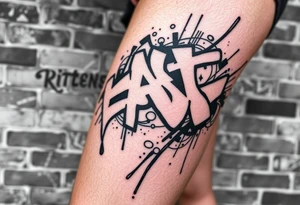 Graffiti style tattoo FULL thigh Using brick wall as a background and then graffiti Over the top, I do not want a lot of color so just primarily black white and gray with a little bit of red tattoo idea