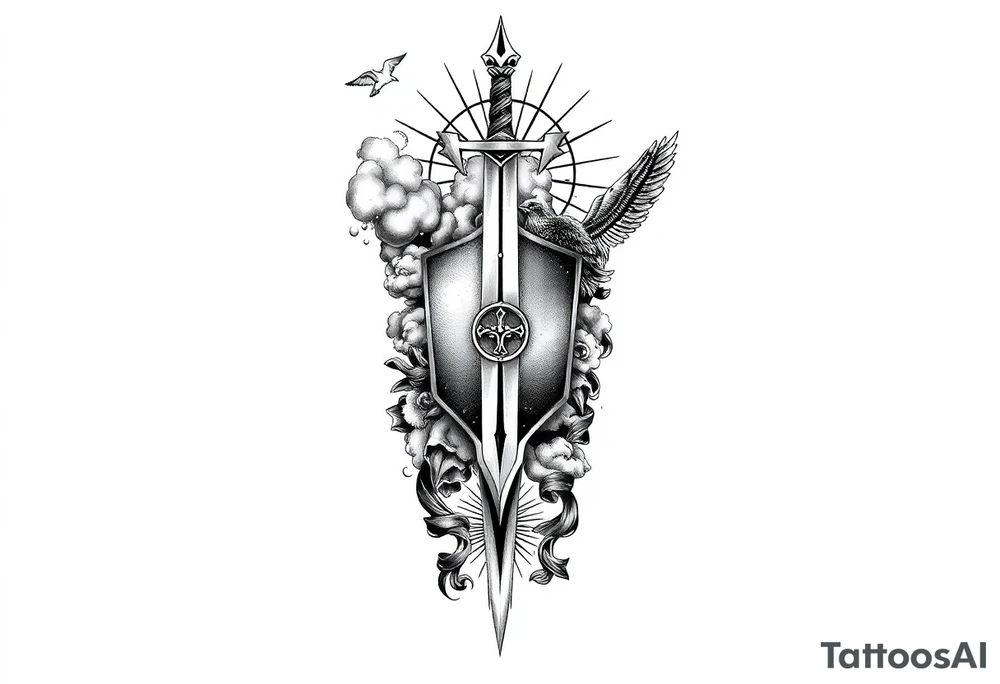 clouds, sword, shield, cross, birds, sun rays tattoo idea clouds, sword, shield, cross, birds, sun rays tattoo idea