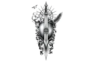 clouds, sword, shield, cross, birds, sun rays tattoo idea