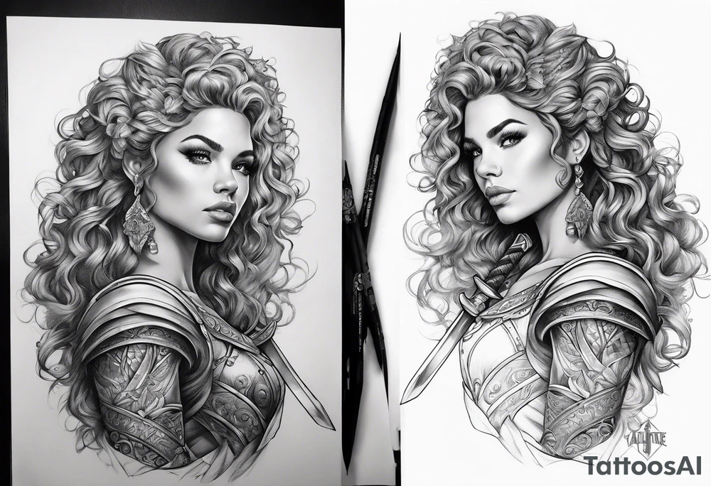 valkyrie curly hair half with sword sleeve arm tattoo idea