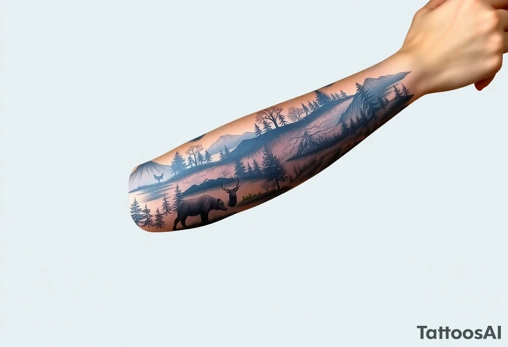 A full-sleeve with the Härjedalen landscape, reindeer, bear, lakes tattoo idea
