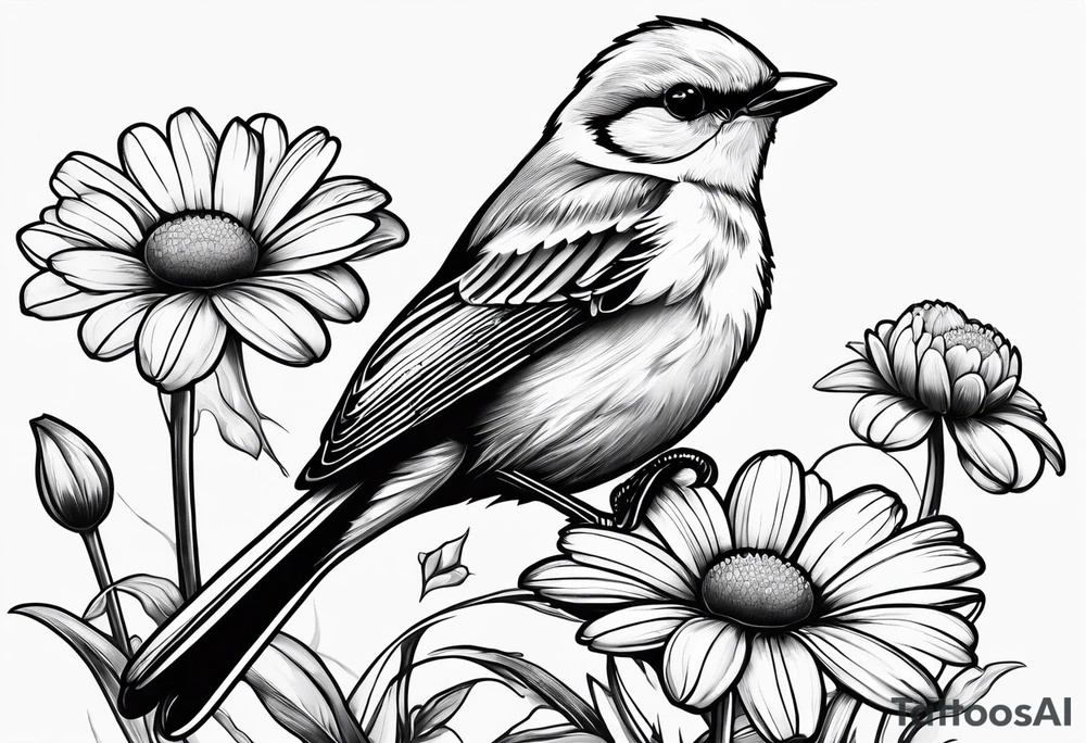 Little bird perched on a daisy flower tattoo idea
