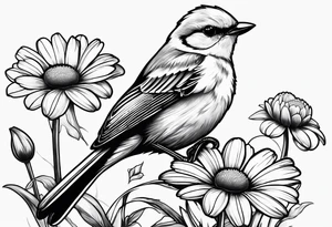 Little bird perched on a daisy flower tattoo idea