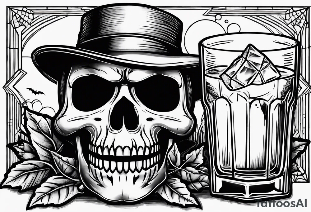 glass of whiskey with one single ice cube that is the Halloween jack-o-lantern tattoo idea
