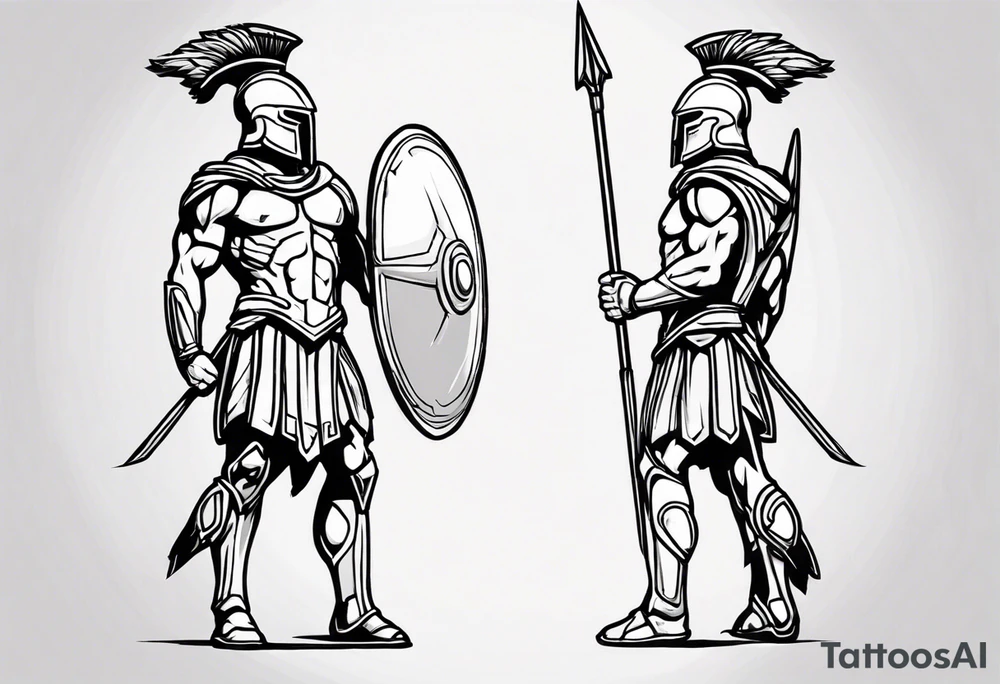 ultra-fine line linework vector of a spartan from the side, spartan spear, spartan shield, laurel wreath tattoo idea