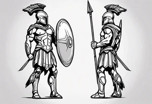 ultra-fine line linework vector of a spartan from the side, spartan spear, spartan shield, laurel wreath tattoo idea