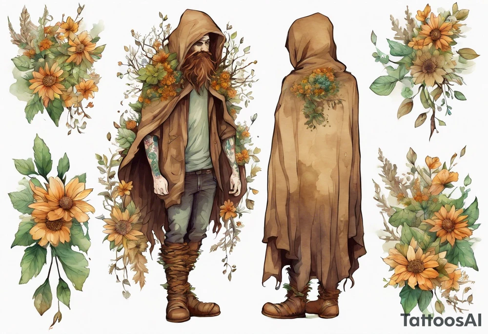 A tall, beautiful tree-man hybrid with leafy hair and a cloak made of flowers. Wearing brown mukluks. tattoo idea