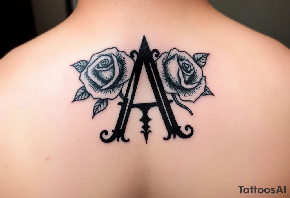Create a throat tattoo using old english font of Letter A with subtle rose background tattoo idea