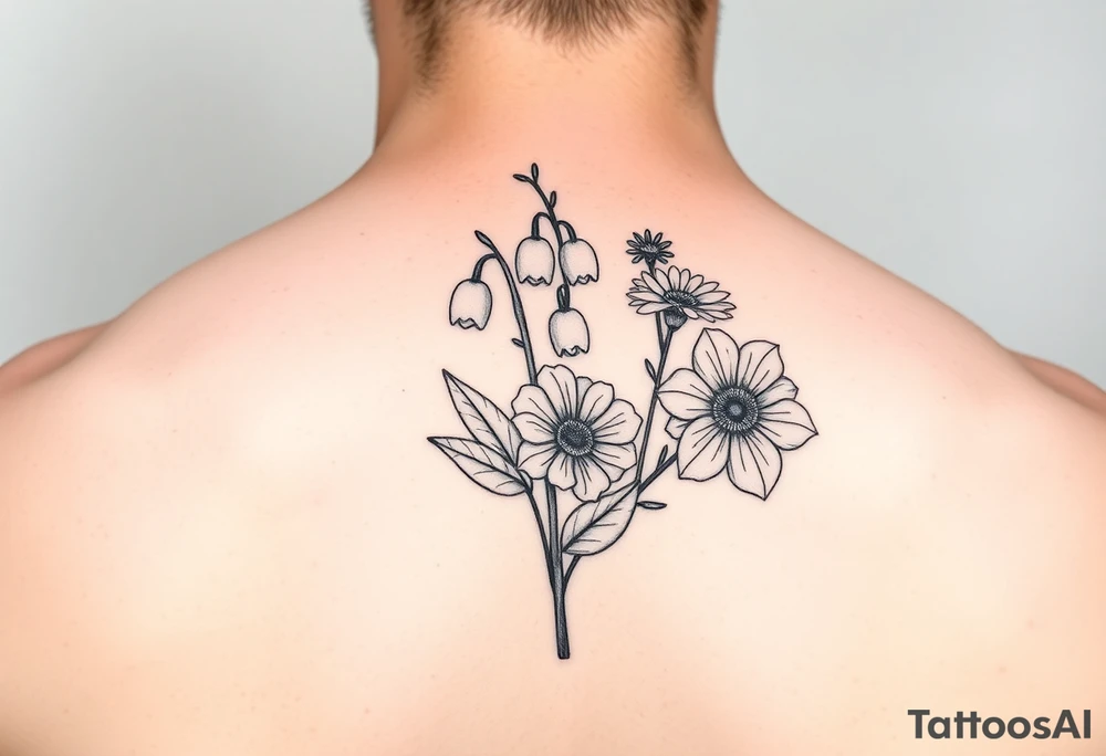 small lily of the valley, marigold, and chrysanthemum tattoo idea