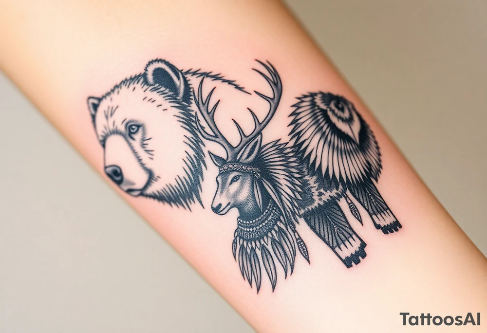 Indigenous, Majestic, and Powerful male Goliath Grizzly Bear. An Indigenous, Majestic, and Powerful King Elk. Both guarding an Indigenous, Majestic, and Powerful Raven haired Warrior Squaw tattoo idea