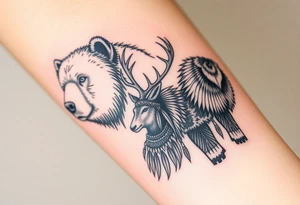 Indigenous, Majestic, and Powerful male Goliath Grizzly Bear. An Indigenous, Majestic, and Powerful King Elk. Both guarding an Indigenous, Majestic, and Powerful Raven haired Warrior Squaw tattoo idea