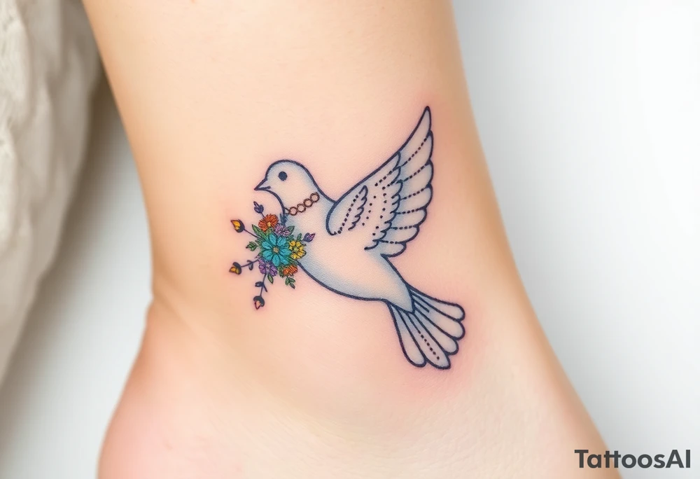 A collared dove with a bouquet of wildflowers in its talons, in soft pastel tones like lavender, peach, and pale blue, representing love and freedom in nature tattoo idea