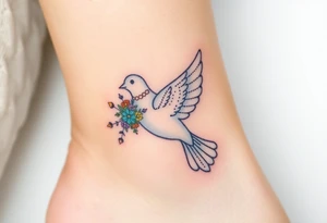 A collared dove with a bouquet of wildflowers in its talons, in soft pastel tones like lavender, peach, and pale blue, representing love and freedom in nature tattoo idea