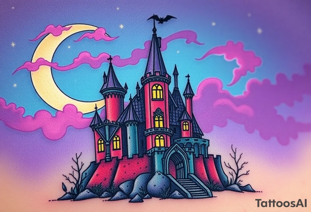Tim Burton’s disney sleeping beauty’s haunted castle is abandoned and dripping with muted reds, dusty pinks, and eerie green glow.purple and cyan smokey clouds swirl in the crescent moonlit sky thats sprinkled with stars tattoo idea tattoo idea