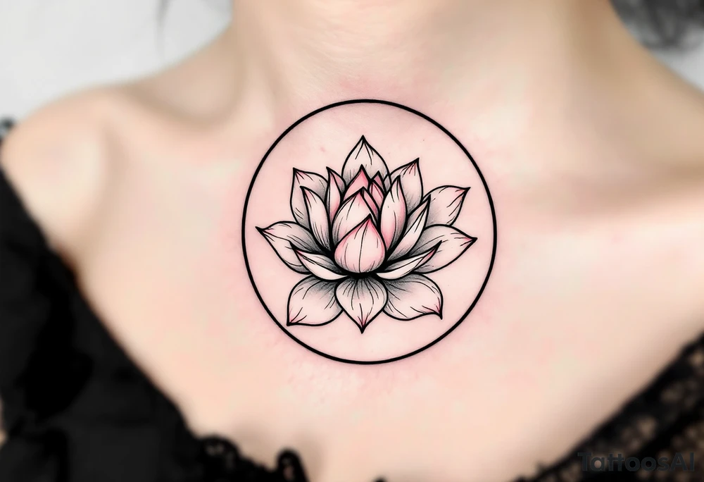 A thin black circle enclosing a delicate lotus flower in soft pink and white. tattoo idea