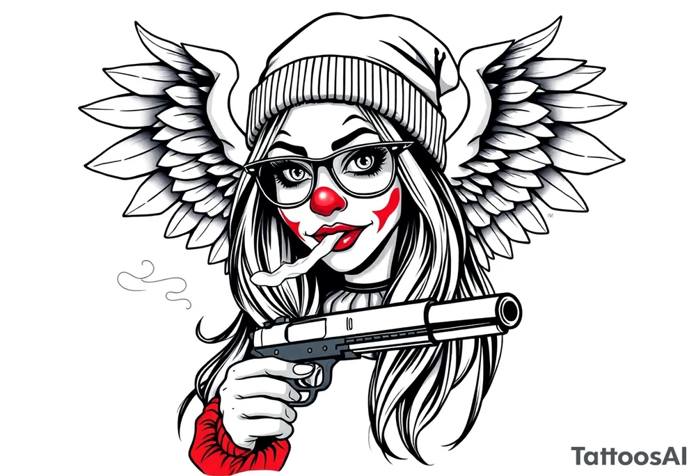 beautiful long hair Clown Girl thug beanie eyeglasses angel wings Gun smoke tattoo idea