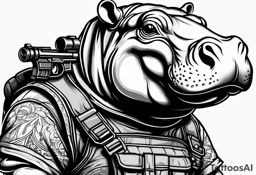 Baby hippo wearing overalls and holding a gun tattoo idea