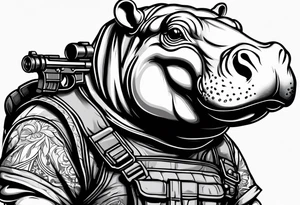 Baby hippo wearing overalls and holding a gun tattoo idea
