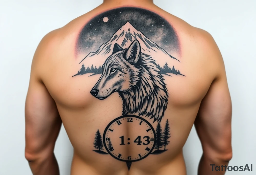 A full sleeve tattoo. At the top should be a majestic mountain top surrounded by the night sky and stars. Below the mountain top should be a majestic father wolf watching over his son. There should be water showing the reflections of both of the wolves. Beneath the water should be a time clock that shows the time as 1:43. There should be trees to fill in the gaps. tattoo idea