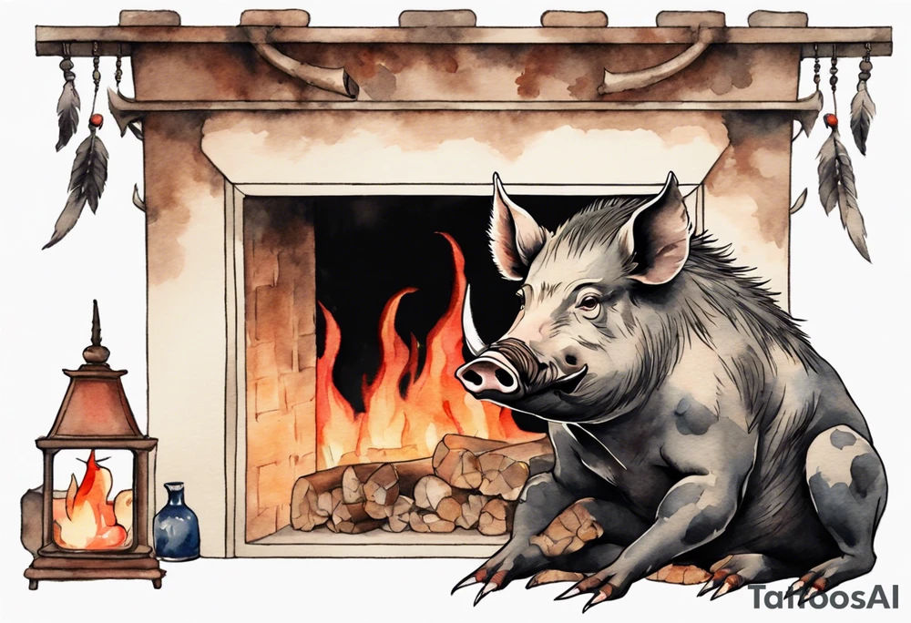 an boar with tusks sitting by a fireplace tattoo idea