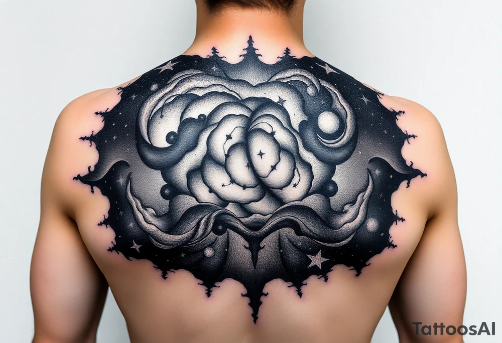 Beautiful and epic 3d milky way that appears to be what is beneath the skin. Make it drape over the shoulder and move to the middle back. use negative spaces to create stars and dust. Incorporate God breathing life into the universe. Keep it symmetrical tattoo idea