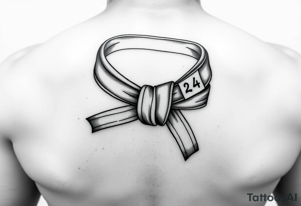 A realistic black and gray tattoo of a Brazilian Jiu-Jitsu black belt wrapping around the wrist like a bracelet. The belt is tied in a knot with one end showing the number 30 and the other showing 24. On the flat end of the belt, two Japanese kanji characters are inked in white: 成長 (growth) and 忍耐 (perseverance). The belt has subtle stitch marks and worn, textured shading for a slightly distressed, authentic look. The style is clean, symbolic, and bold, designed to wrap naturally around the wrist like a wristband.” tattoo idea