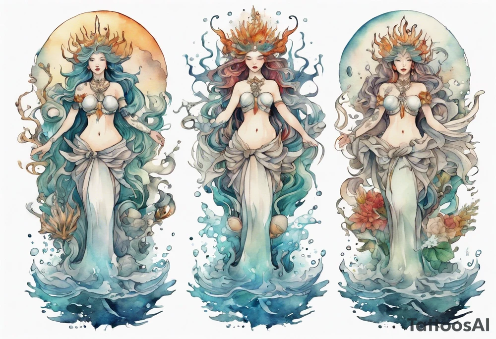 a sea goddess standing on the shore tattoo idea