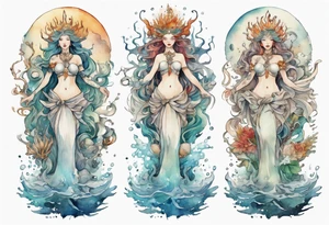 a sea goddess standing on the shore tattoo idea