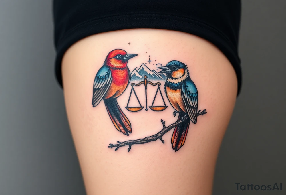 2 birds as the focus, one of the birds red wearing a suit, other bird navy blue with glasses or holding a book, scales of justice built into a tree, starry night painting and mountain background tattoo idea