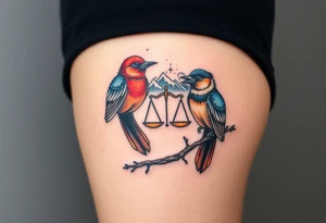 2 birds as the focus, one of the birds red wearing a suit, other bird navy blue with glasses or holding a book, scales of justice built into a tree, starry night painting and mountain background tattoo idea