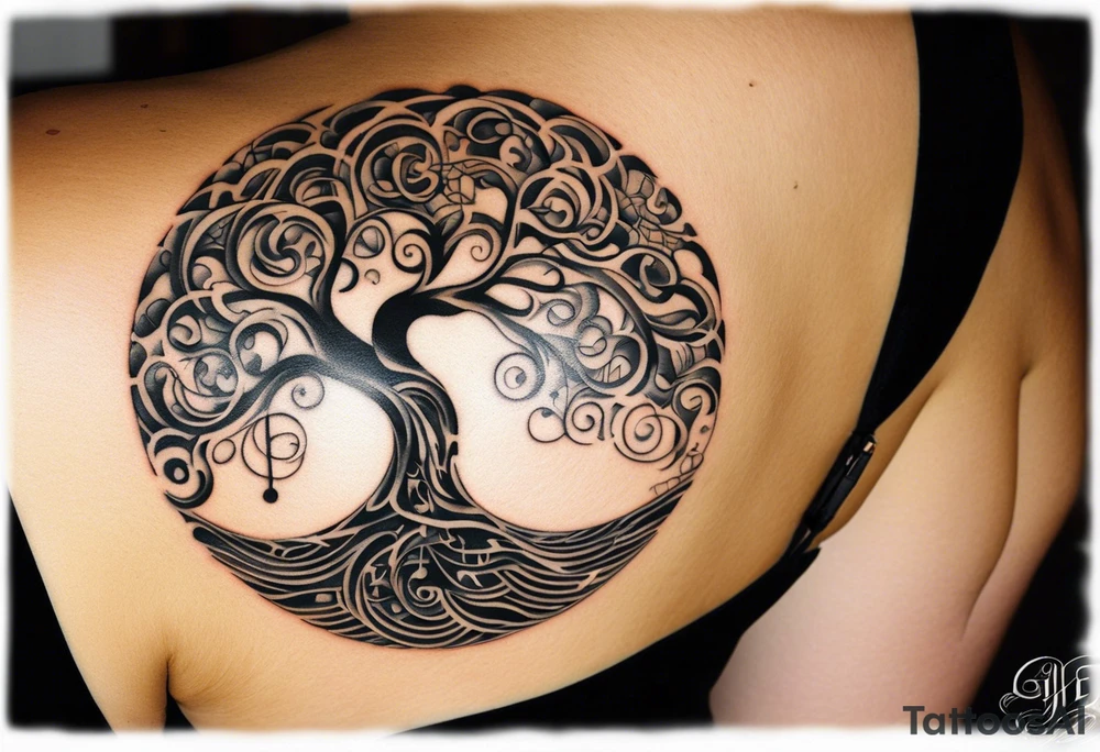 A tattoo design that incorporates the following elements: an abstract tree of life that has roots emerging  from the ground. Waves of water wrap around the tree in a non symmetrical design.  Incorporate musical notes into the tree. the letters U and A are overlapping and engraved into the tree. incorporate a golf ball or golf course symbols like a flag but not prominent. tattoo idea