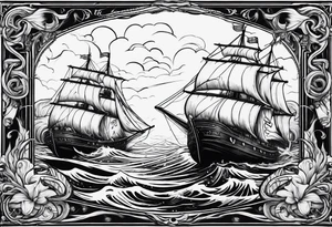 A sale ship sinking with two mermaids, either side, one which is trying to save the boat and one which is trying to help sink it tattoo idea
