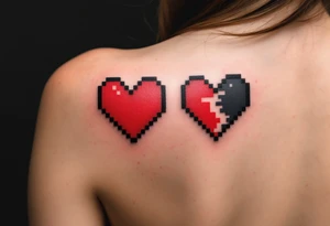 A black-and-red pixel heart duo for gamer couples, each missing half the pixels. tattoo idea