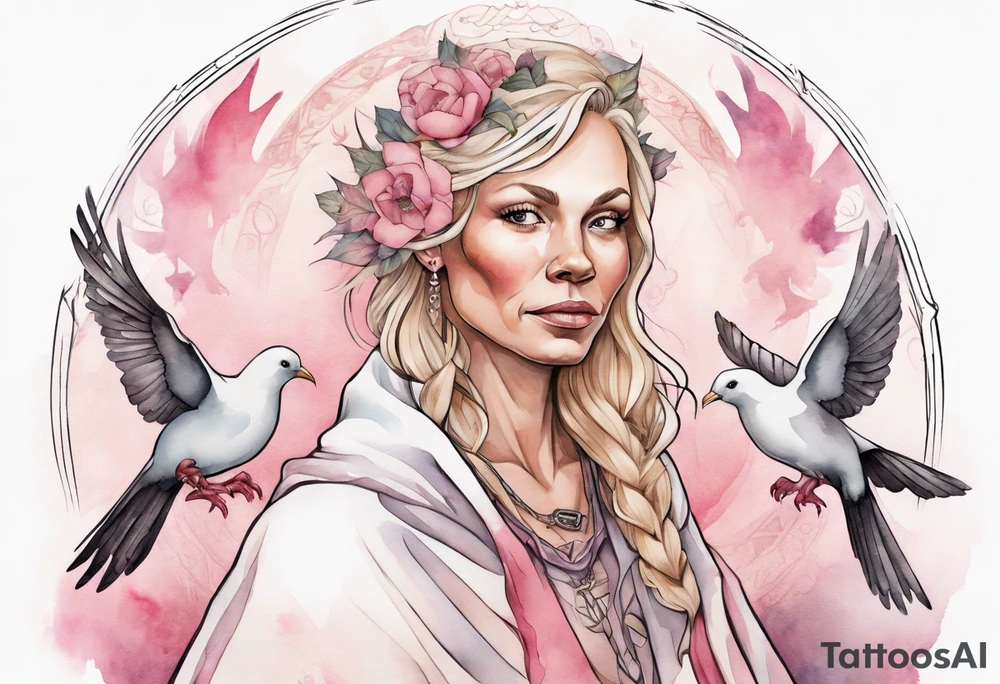 a 45-year-old Norse woman with blonde  hair wearing a white and pink cloak surrounded by doves tattoo idea