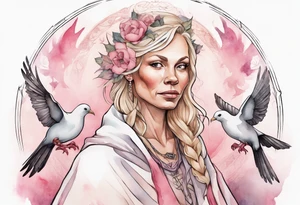 a 45-year-old Norse woman with blonde  hair wearing a white and pink cloak surrounded by doves tattoo idea