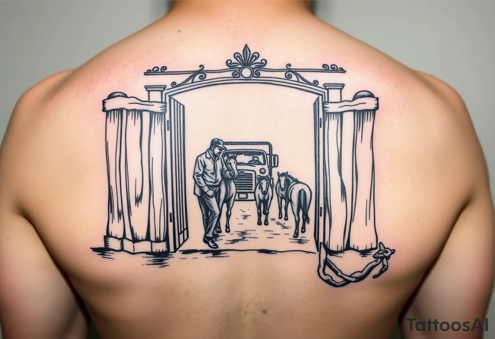 Gate with a man leaning on it feeding horses with a squatted truck in the back tattoo idea