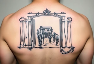 Gate with a man leaning on it feeding horses with a squatted truck in the back tattoo idea