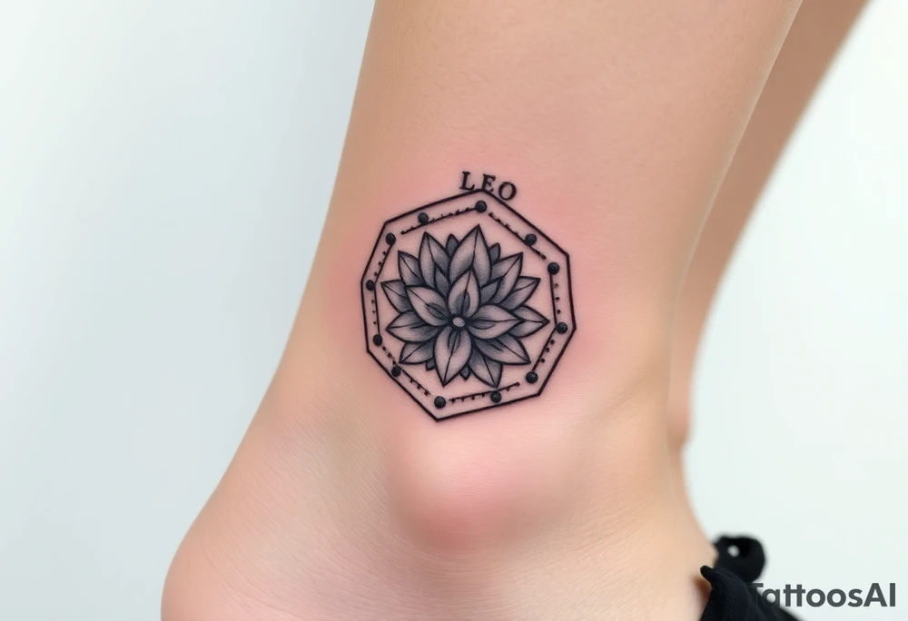 Hexagon with astrological sign for Leo,  larkspur and water lilies in the center tattoo idea