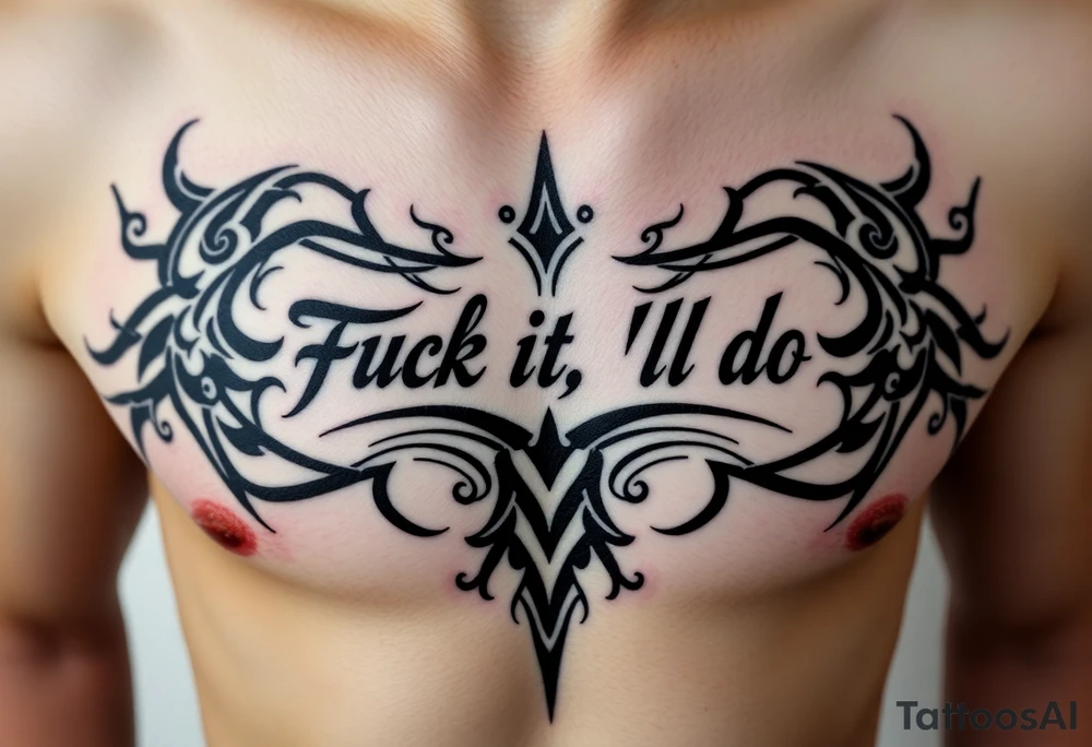 Unreadable “ Fuck it, I’ll do it” text on ribcage . 30 cm long. Kalligraphie mixed with neotribal style. tattoo idea