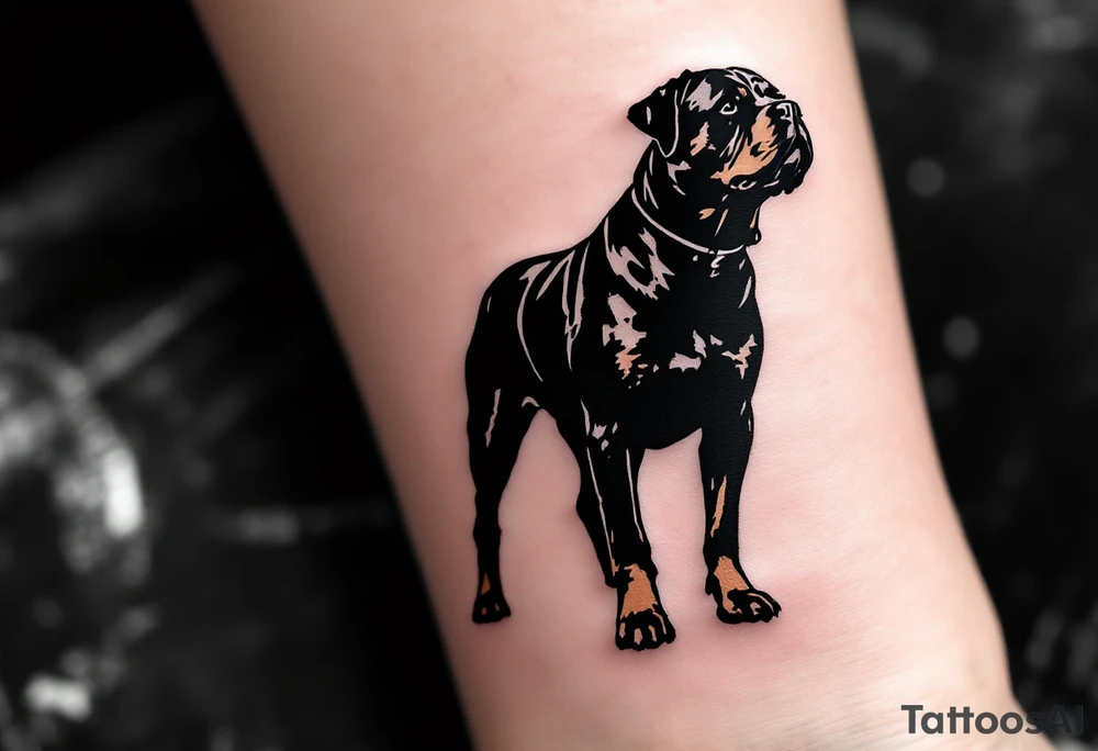 Blackwork Rottweiler Silhouette – A solid black ink silhouette of a standing Rottweiler, minimalistic and bold. Great for ankle, wrist, or chest. tattoo idea