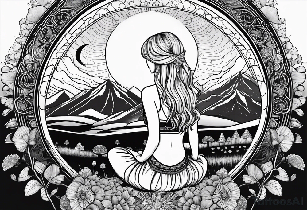 Straight blonde hair girl meditating facing away toward mountains surrounded by mushrooms crescent moon mandala circular design black and white striped dress tattoo idea