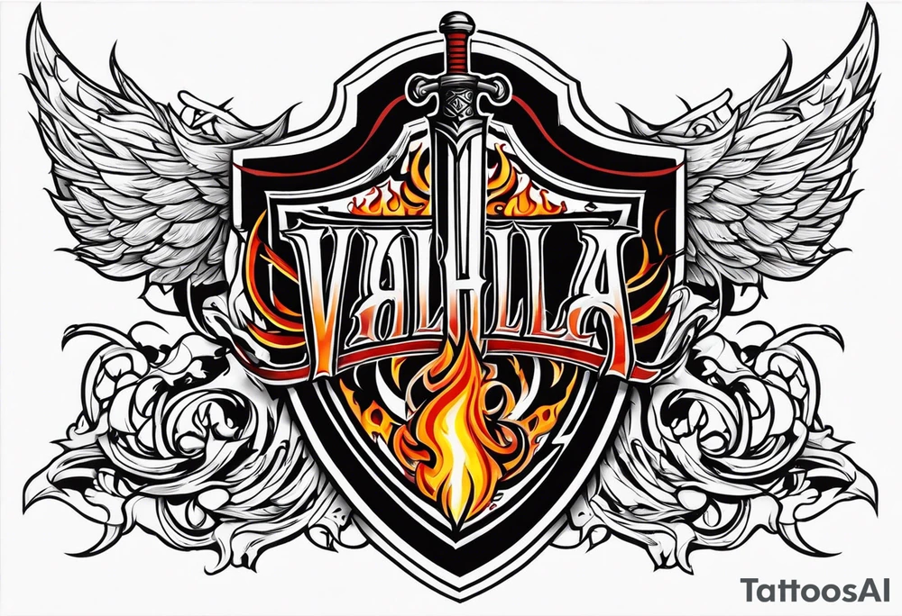 Valhalla flames shield sword tattoo idea