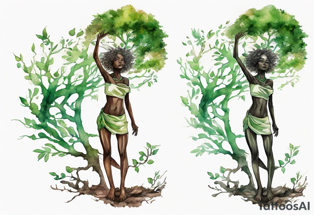 A tree woman with dark skin with green eyes with branch arms reaching up towards the sun and feet planted in the soil tattoo idea