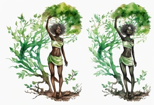 A tree woman with dark skin with green eyes with branch arms reaching up towards the sun and feet planted in the soil tattoo idea