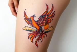 magnificent vibrant phoenix rising from flames with trailing embers  and golden sunset and sky with puffy clouds and heaven backdrop tattoo idea