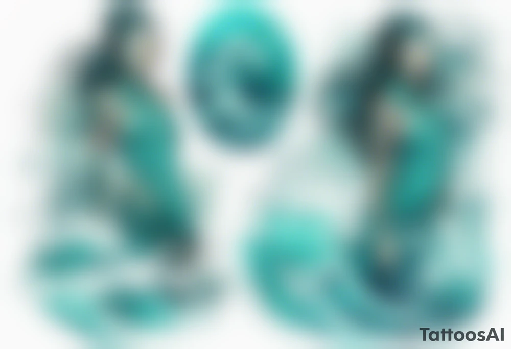 a turquoise Na'vi woman standing in the sea surrounded by crashing waves tattoo idea