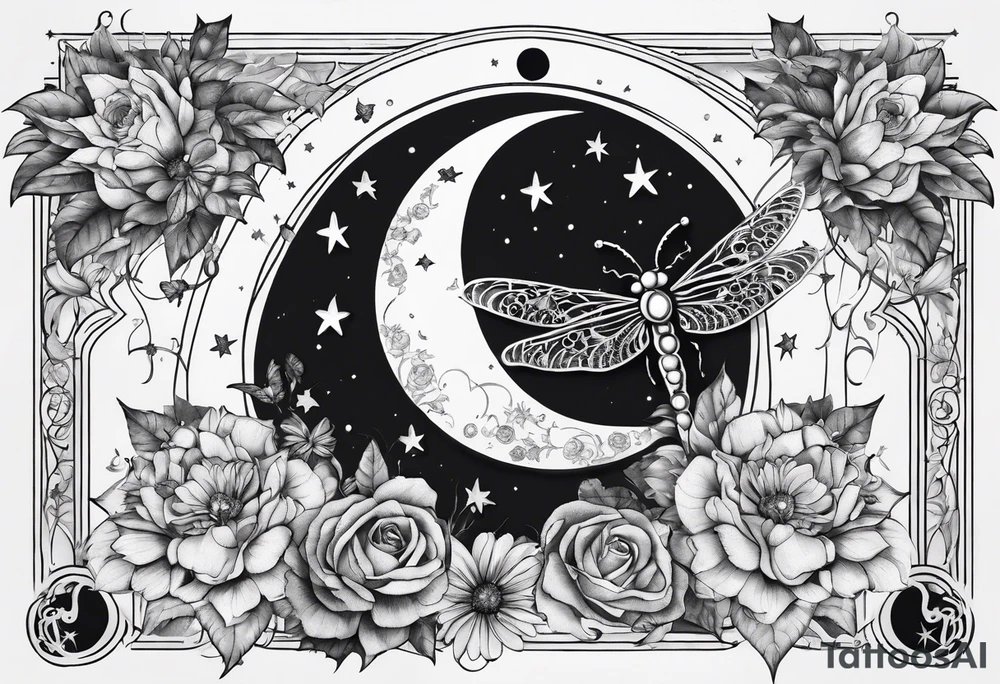Floral moon phases with dragonfly and chain with stars going up and down tattoo idea