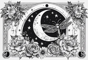 Floral moon phases with dragonfly and chain with stars going up and down tattoo idea